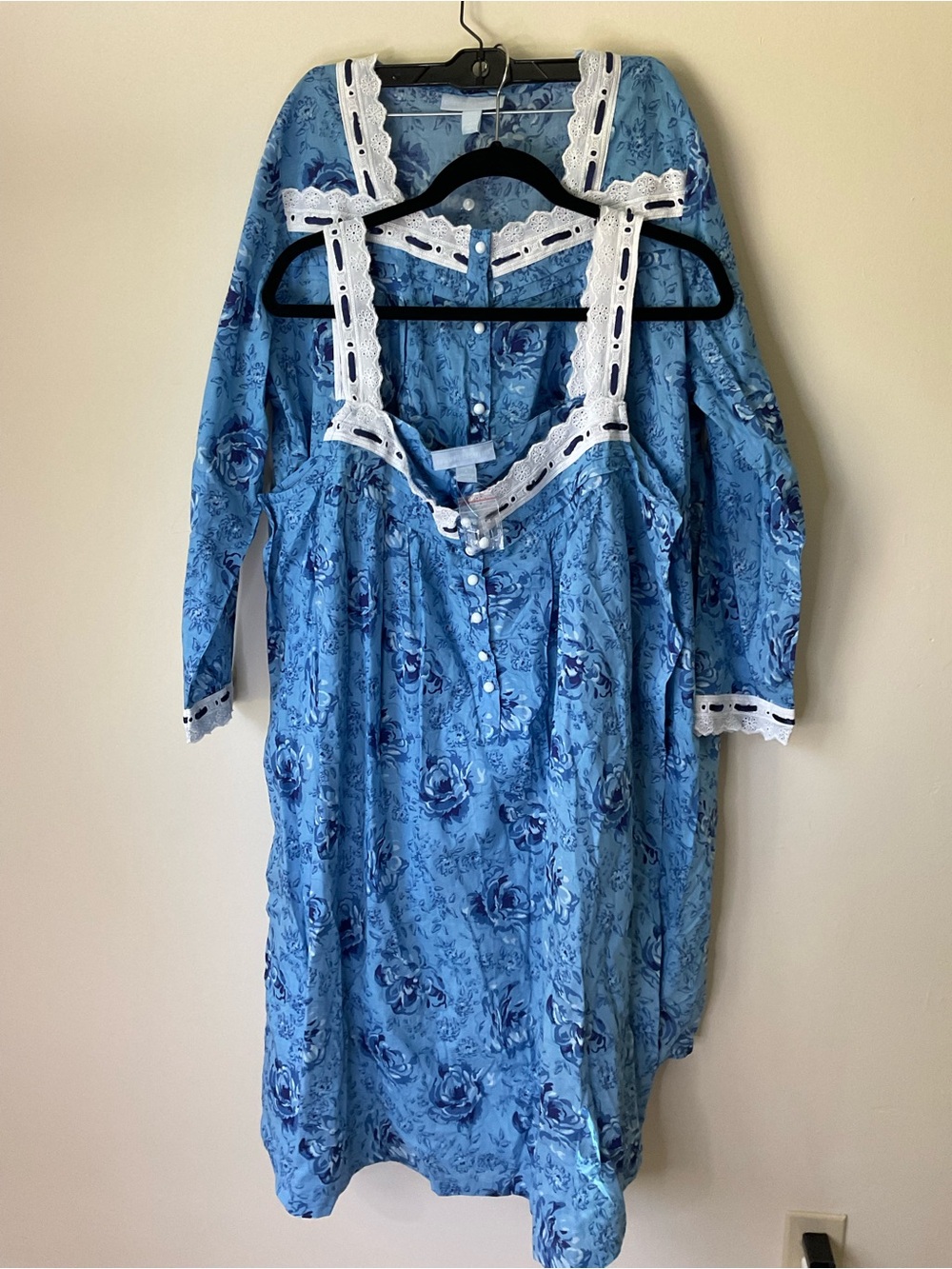 Set 2 Cottagecore Blue Floral Cotton Nightgown Lace Trim